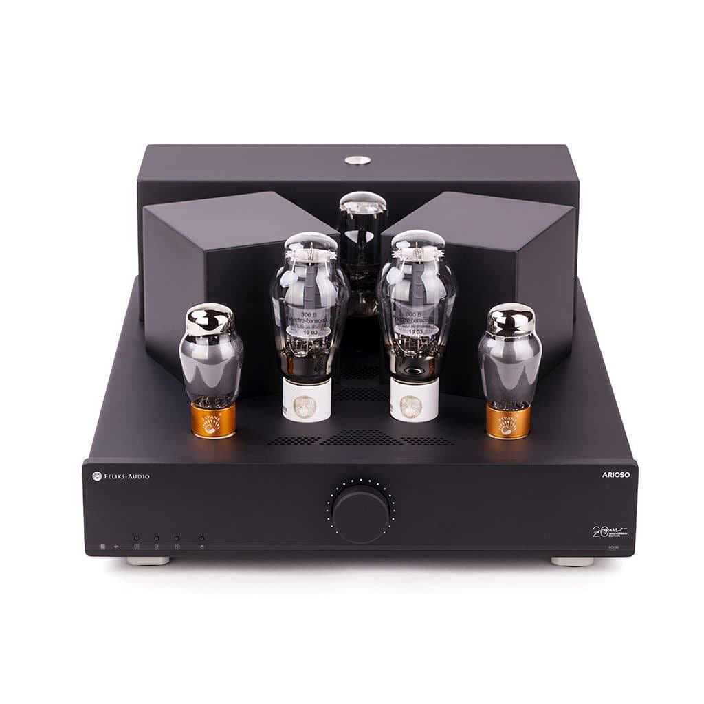 Front view of Feliks Audio Arioso 300B Integrated Tube Amplifier with vacuum tubes and black chassis on white background