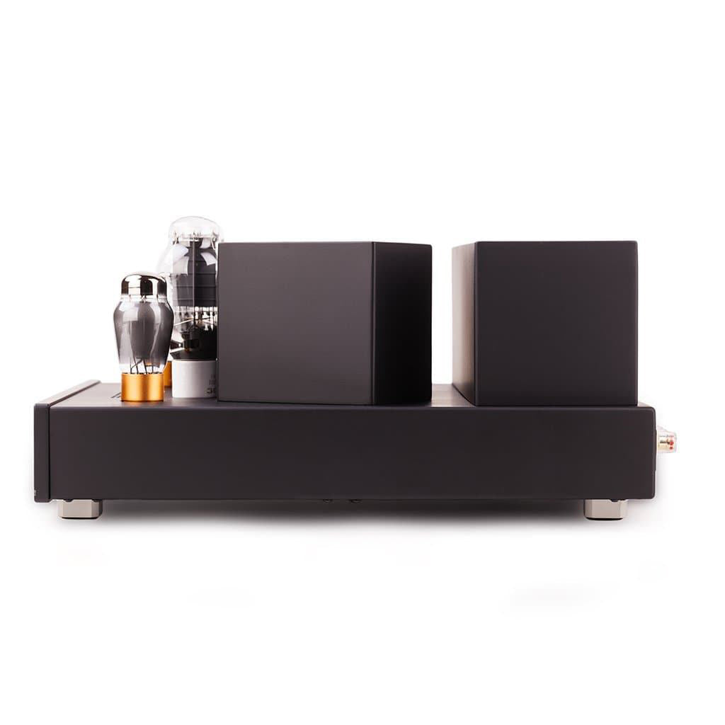 Side view of Feliks Audio Arioso 300B Integrated Tube Amplifier showing tubes and black chassis on white background