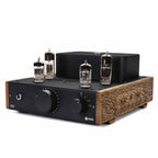 Feliks Audio Echo Vibe Tube Headphone Amplifier with wooden side panels and illuminated vacuum tubes on white background