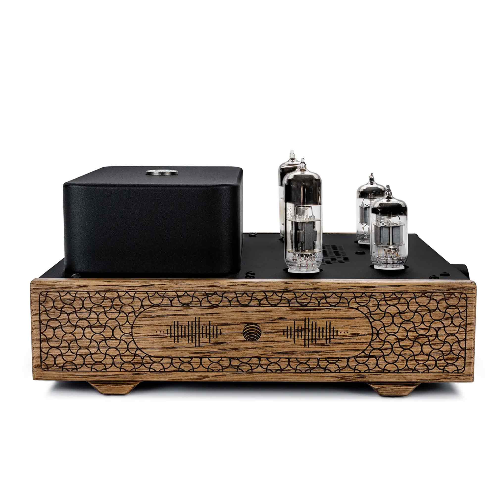 Front view of Feliks Audio Echo Vibe Tube Headphone Amplifier with wooden faceplate and vacuum tubes on top