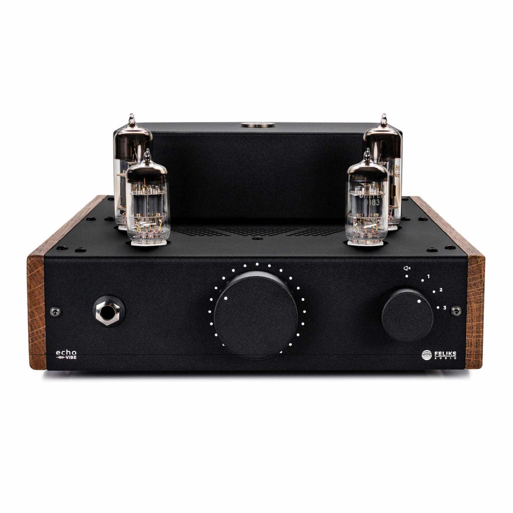 Front view of the Feliks Audio Echo Vibe Tube Headphone Amplifier with visible tubes and wooden side panels on white background