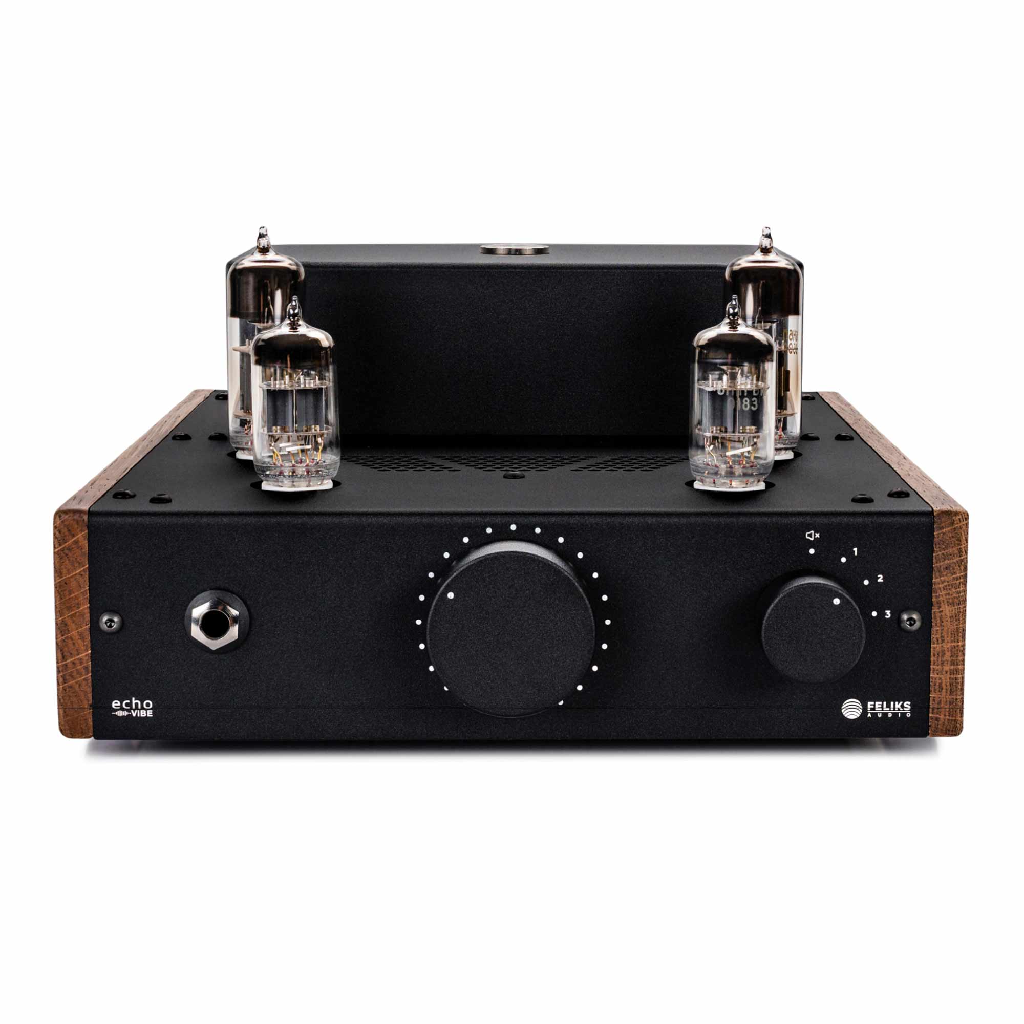 Front view of the Feliks Audio Echo Vibe Tube Headphone Amplifier with visible tubes and wooden side panels on white background