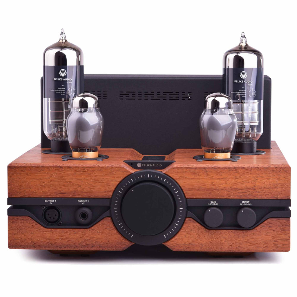 Front view of Feliks Audio Envy Tube Headphone Amplifier with wooden base and glowing vacuum tubes on white background