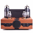 Front view of Feliks Audio Envy Tube Headphone Amplifier with wooden base and visible 300B vacuum tubes on white background