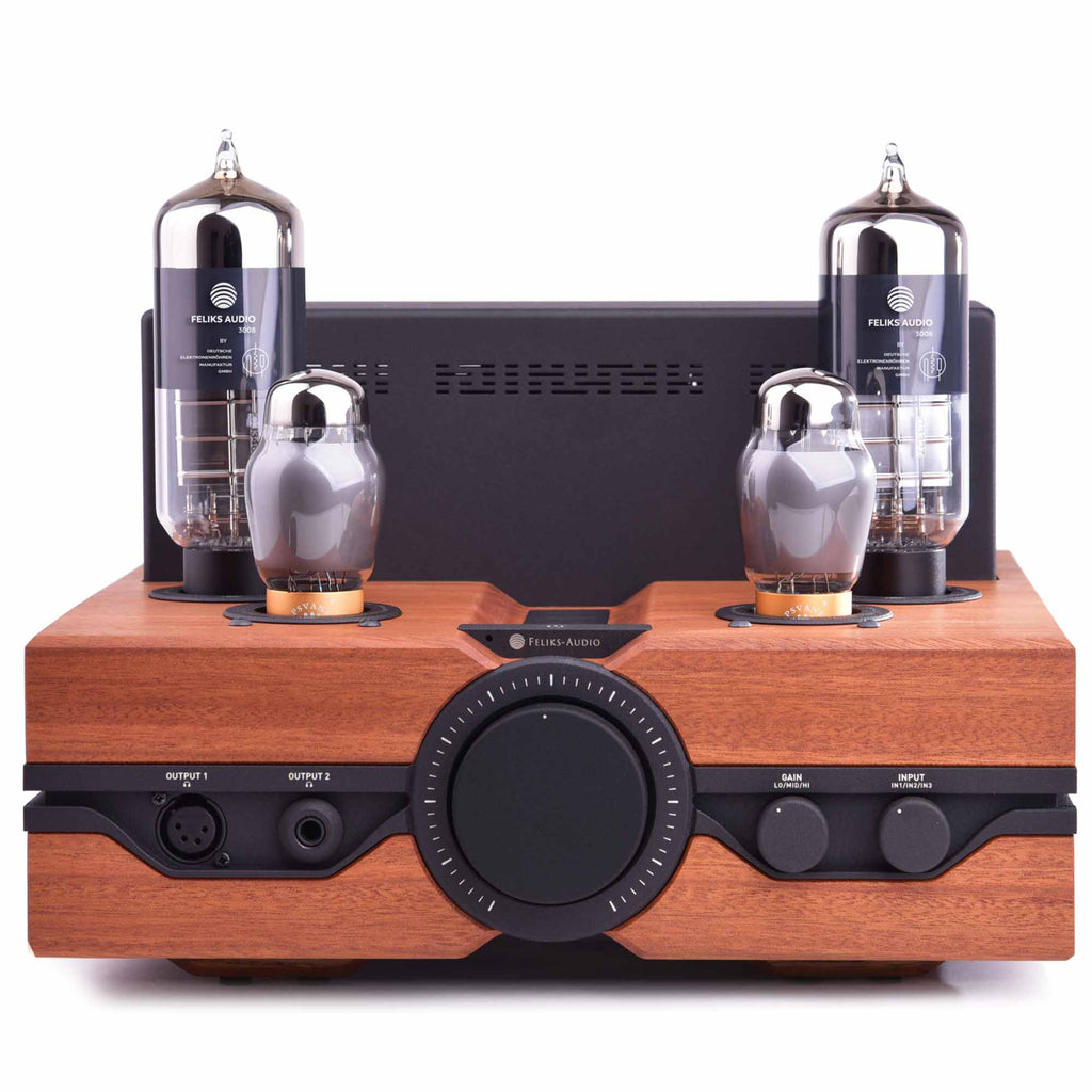 Front view of Feliks Audio Envy Tube Headphone Amplifier with wooden base and glowing vacuum tubes on white background