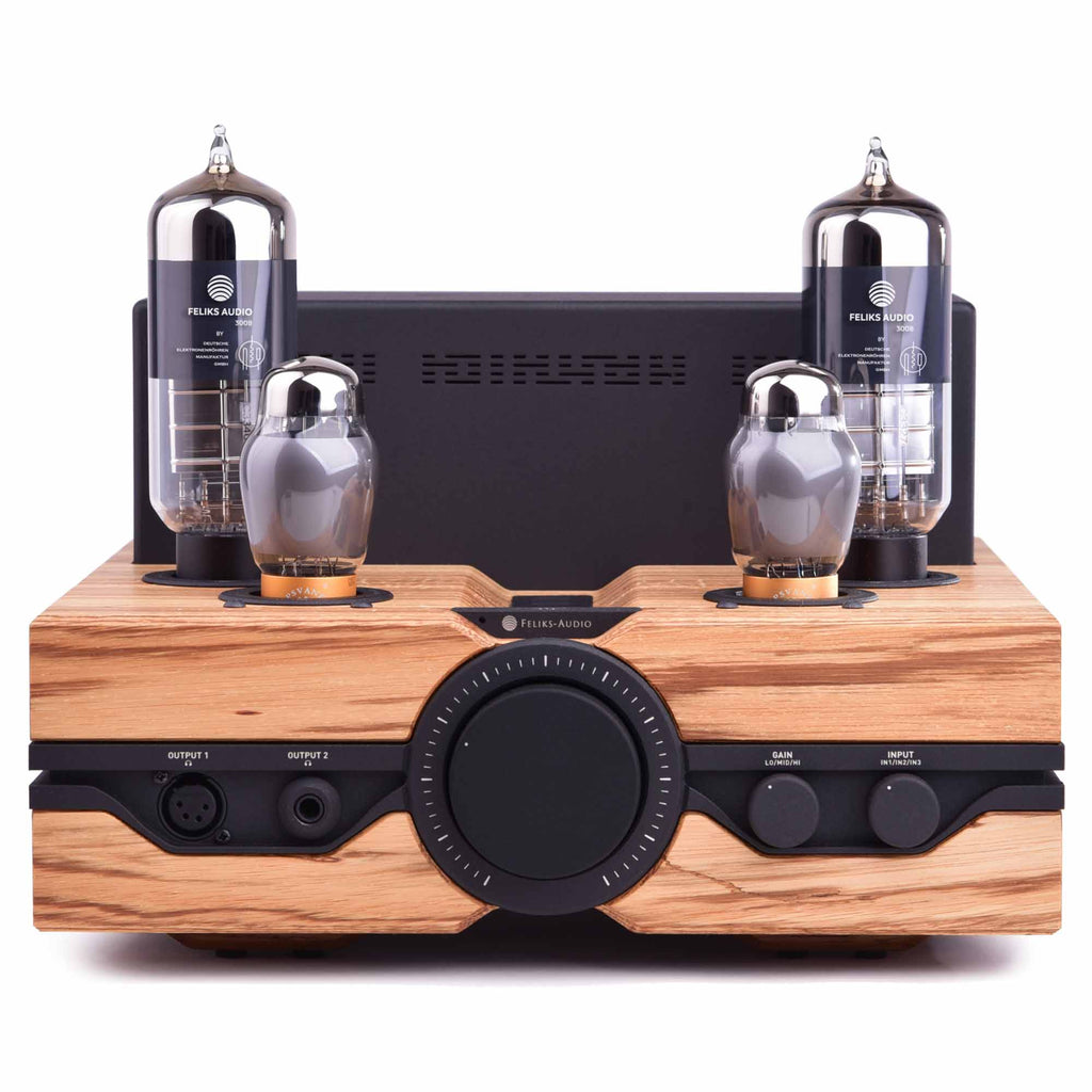 Front view of the Feliks Audio Envy Tube Headphone Amplifier with exposed tubes and wooden chassis design