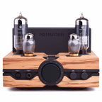 Front view of the Feliks Audio Envy Tube Headphone Amplifier with exposed tubes and wooden chassis design