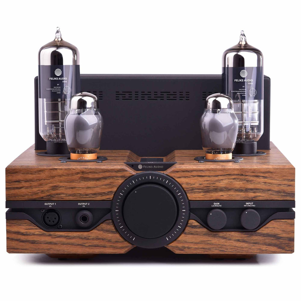 Front view of Feliks Audio Envy Tube Headphone Amplifier with wooden chassis and four vacuum tubes on white background