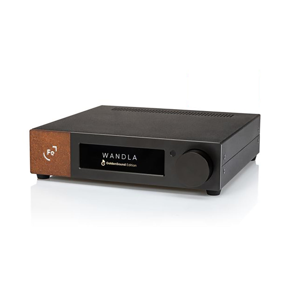 Ferrum WANDLA GoldenSound Edition DAC/Pre-Amp with black chassis and wooden accent on white background