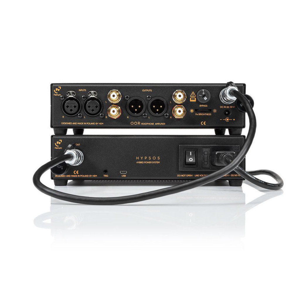 Ferrum HYPSOS Dedicated Power Supply showing rear inputs, outputs, and connected power cable on a white background