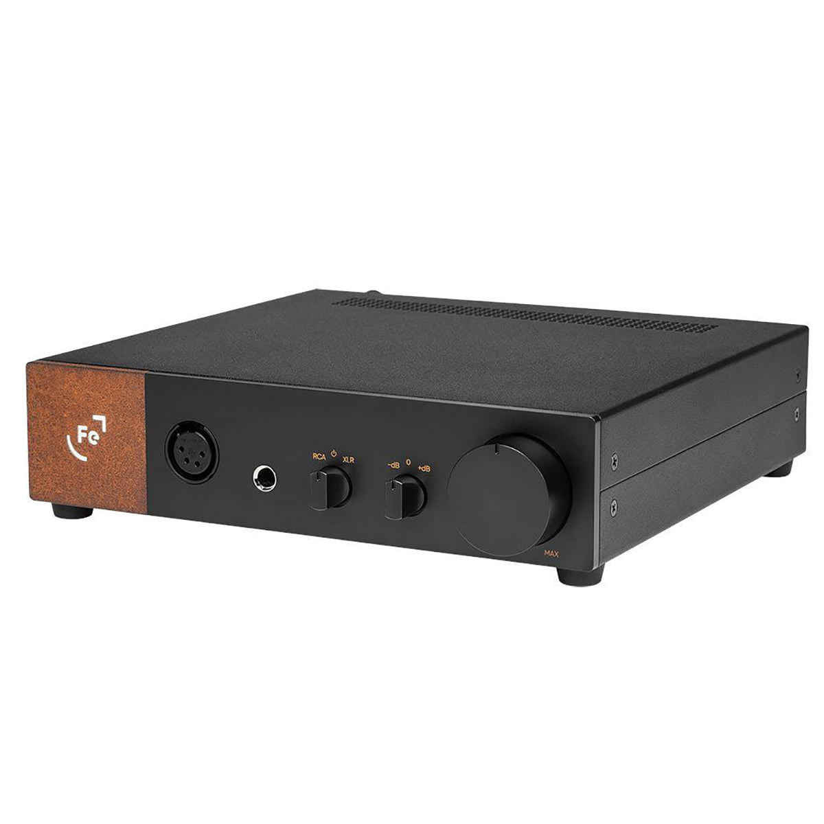 Ferrum OOR Balanced Headphone Amplifier with black chassis and wooden accent, featuring multiple input controls and volume knob