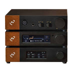 Ferrum Audio Stack with three black and brown audio components featuring knobs and digital displays stacked on white background