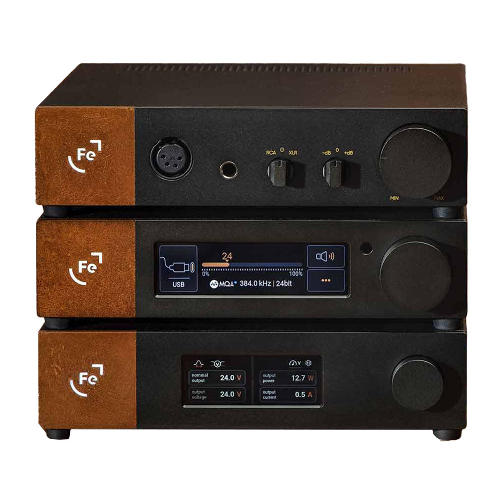 Ferrum Audio Stack with three black and brown audio components featuring knobs and digital displays stacked on white background