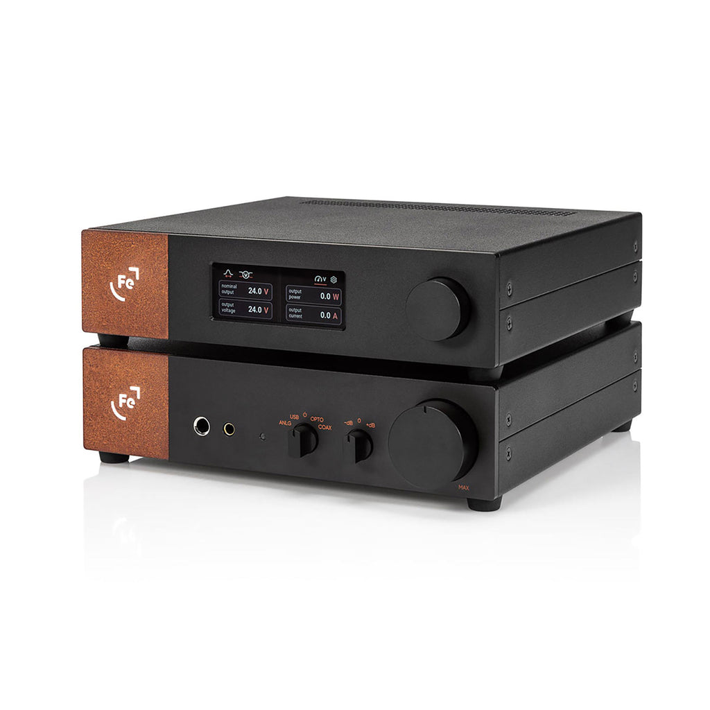 Ferrum Audio Stack with black chassis, wooden side panels, digital display, and multiple control knobs on white background