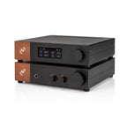 Ferrum Audio Stack with black chassis, wooden side panels, digital display, and multiple control knobs on white background