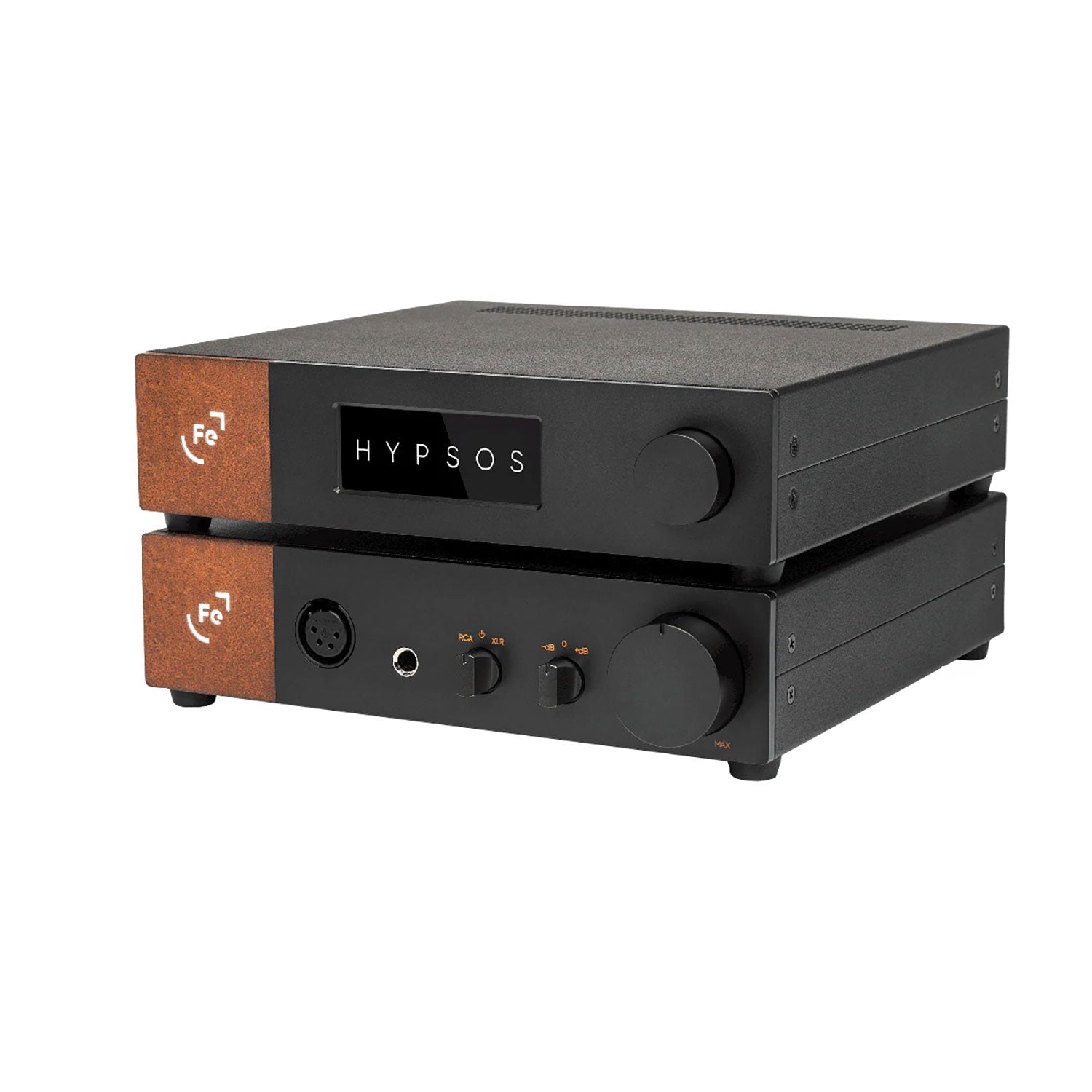 Ferrum Audio Stack with black Hypsos power supply and amplifier units featuring copper accents on white background