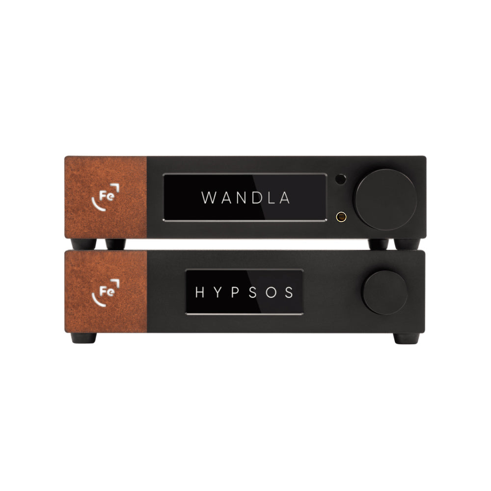 Ferrum Audio Stack featuring WANDLA DAC and HYPSOS power supply with wood accents on white background