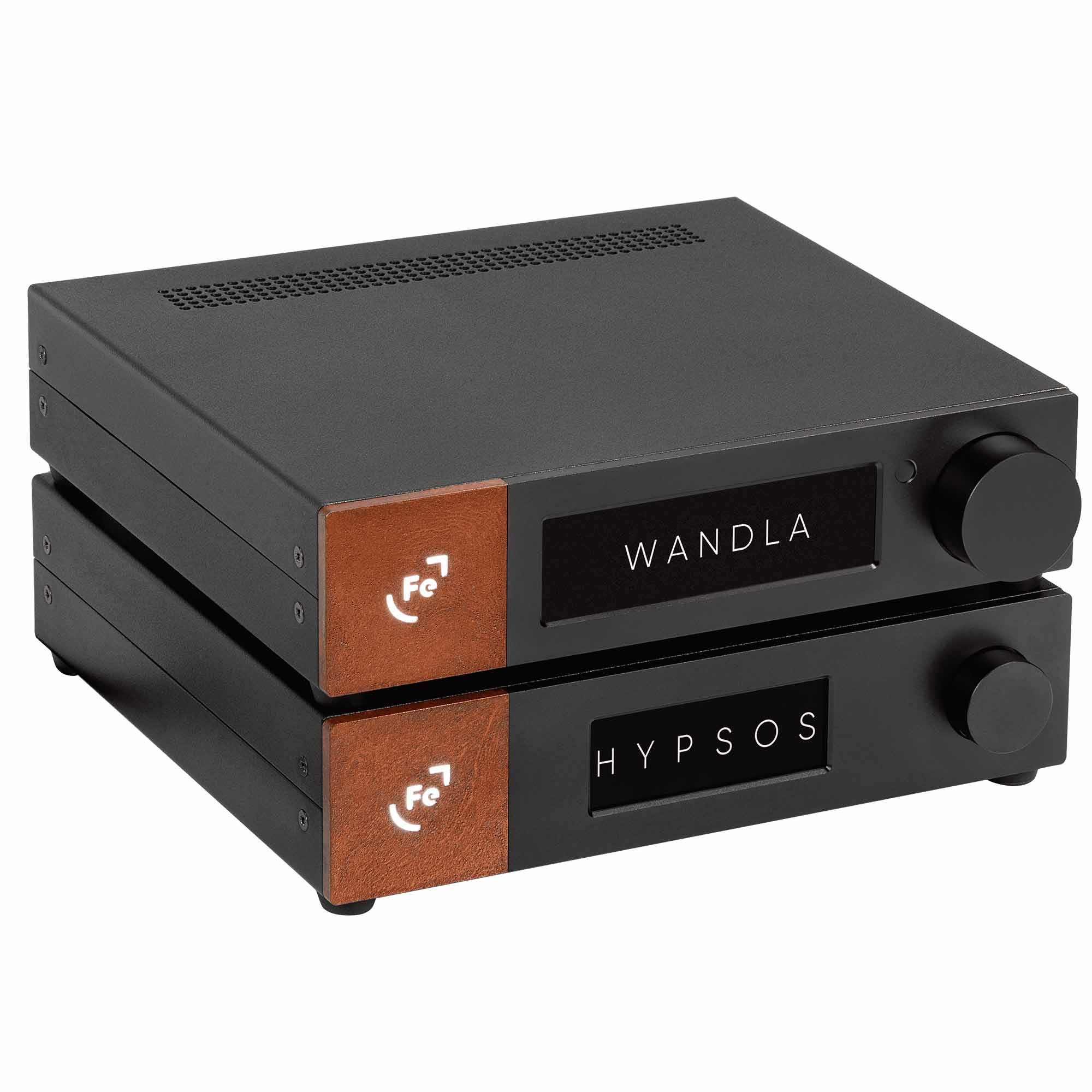 Ferrum Audio Stack featuring WANDLA DAC and HYPSOS amplifier with black chassis and wood accents on white background