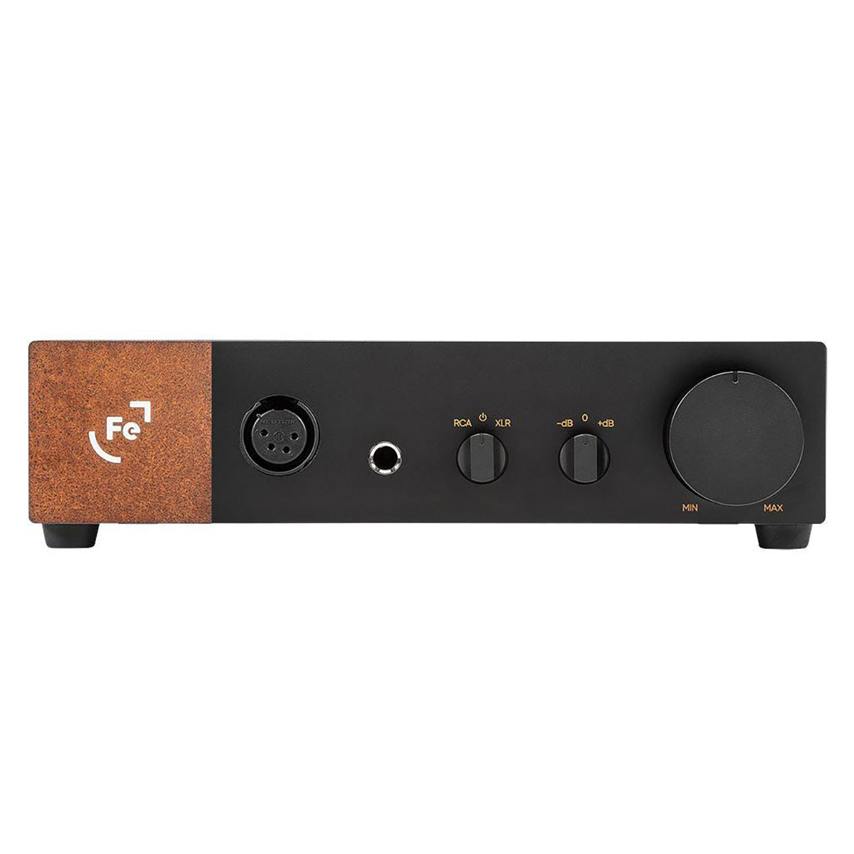 Front view of Ferrum OOR Balanced Headphone Amplifier with wooden accent, control knobs, and headphone jacks on white background