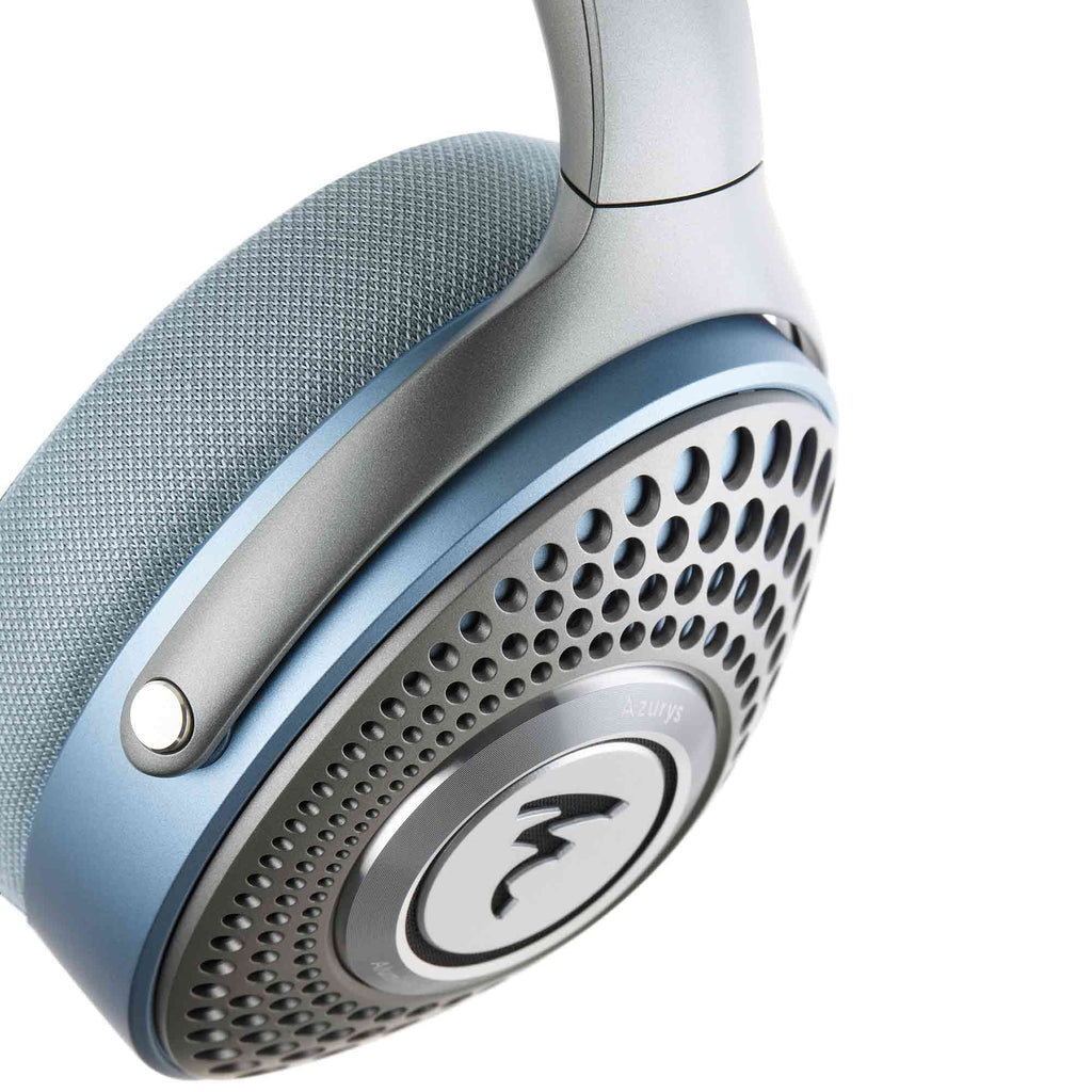 Close-up of Focal Azurys Closed-Back Headphones with silver and blue design highlighting ear cup and mesh details