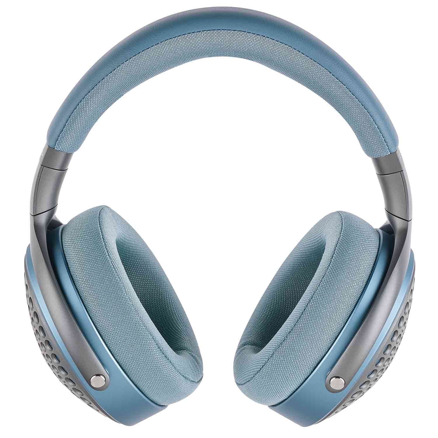 Focal Azurys Closed-Back Headphones in light blue with plush ear pads and perforated outer ear cups on white background