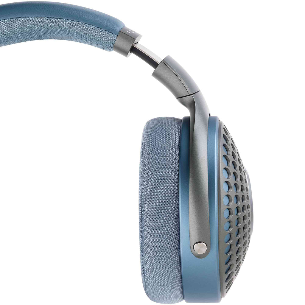 Side view of Focal Azurys Closed-Back Headphones showing blue ear cup with perforated outer design and padded headband