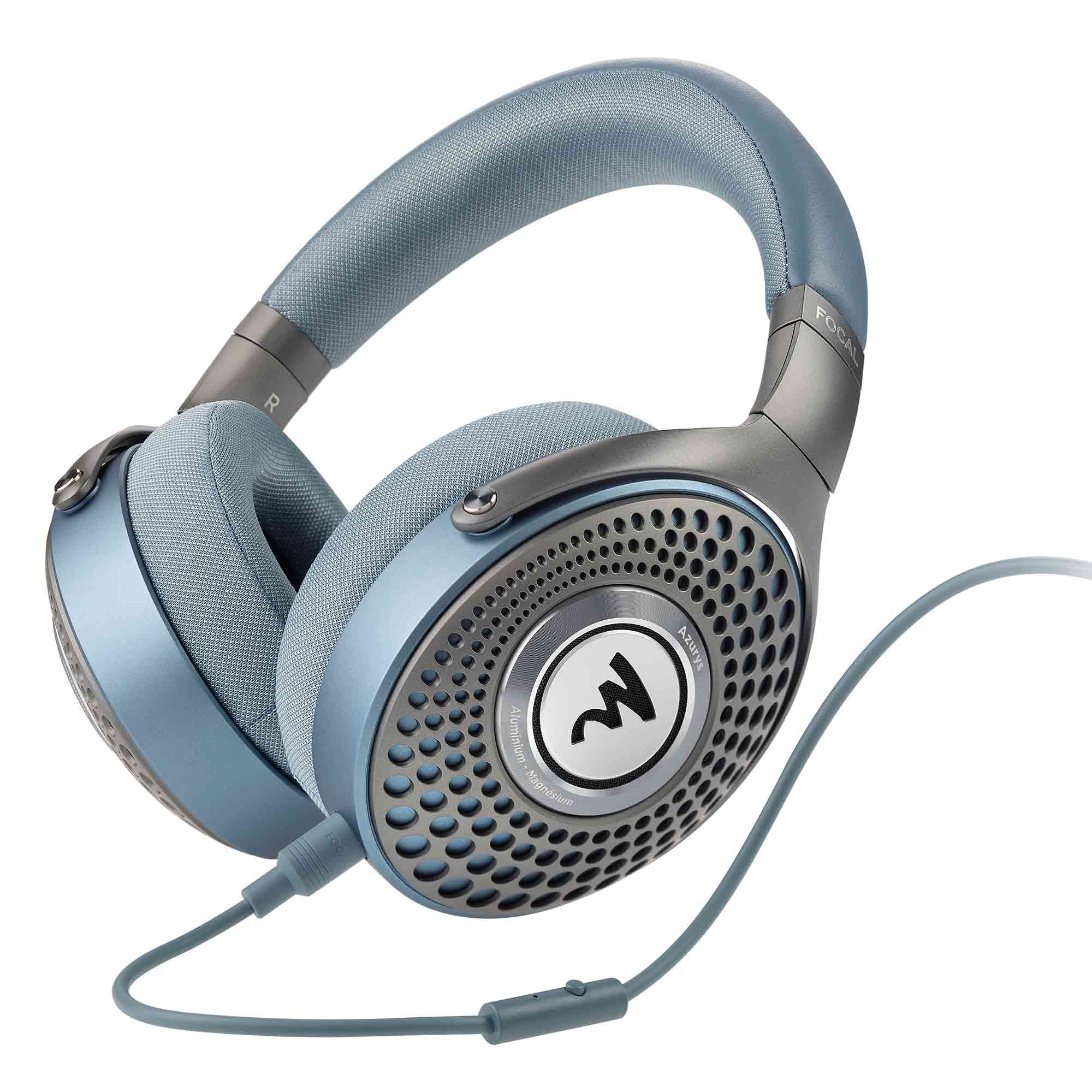 Focal Azurys Closed-Back Headphones in light blue with textured ear cups and attached cable with inline remote control