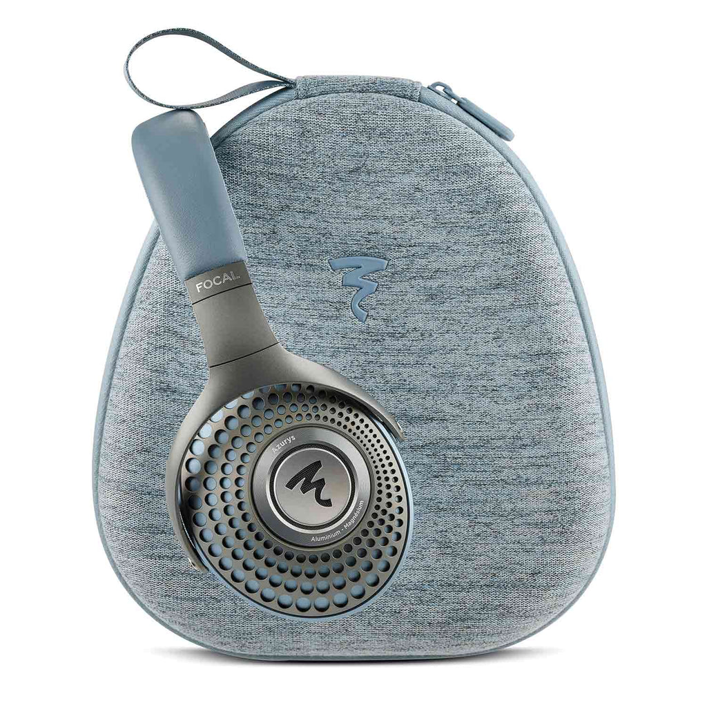 Focal Azurys Closed-Back Headphones resting against a gray textured carrying case with logo on a white background