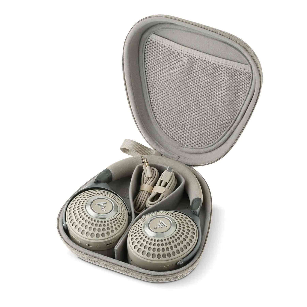 Focal Bathys Wireless Closed-Back Headphones in protective case with cables neatly stored inside on white background