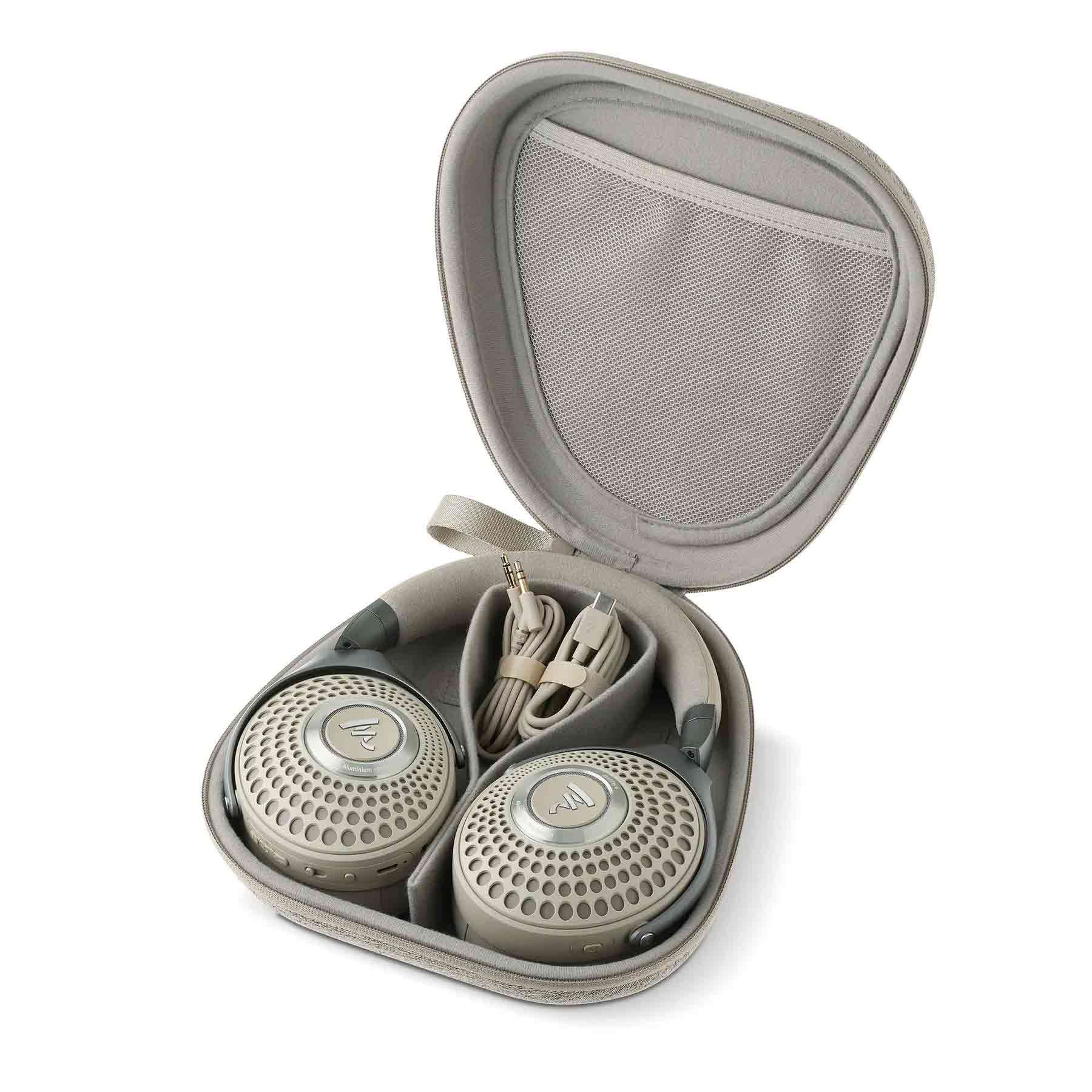 Focal Bathys Wireless Closed-Back Headphones in protective case with cables neatly stored inside on white background