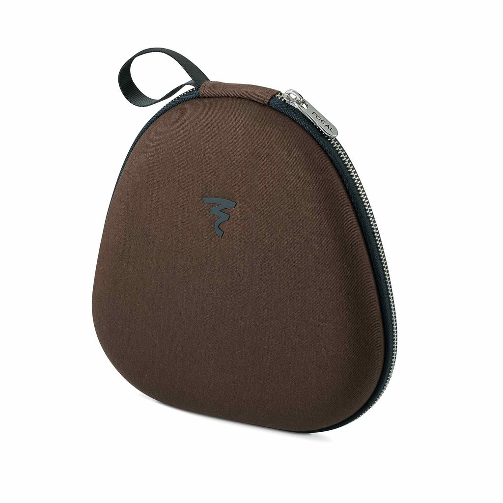 Brown zippered carrying case with loop handle for Focal Bathys MG Wireless Noise-Cancelling Headphones on white background