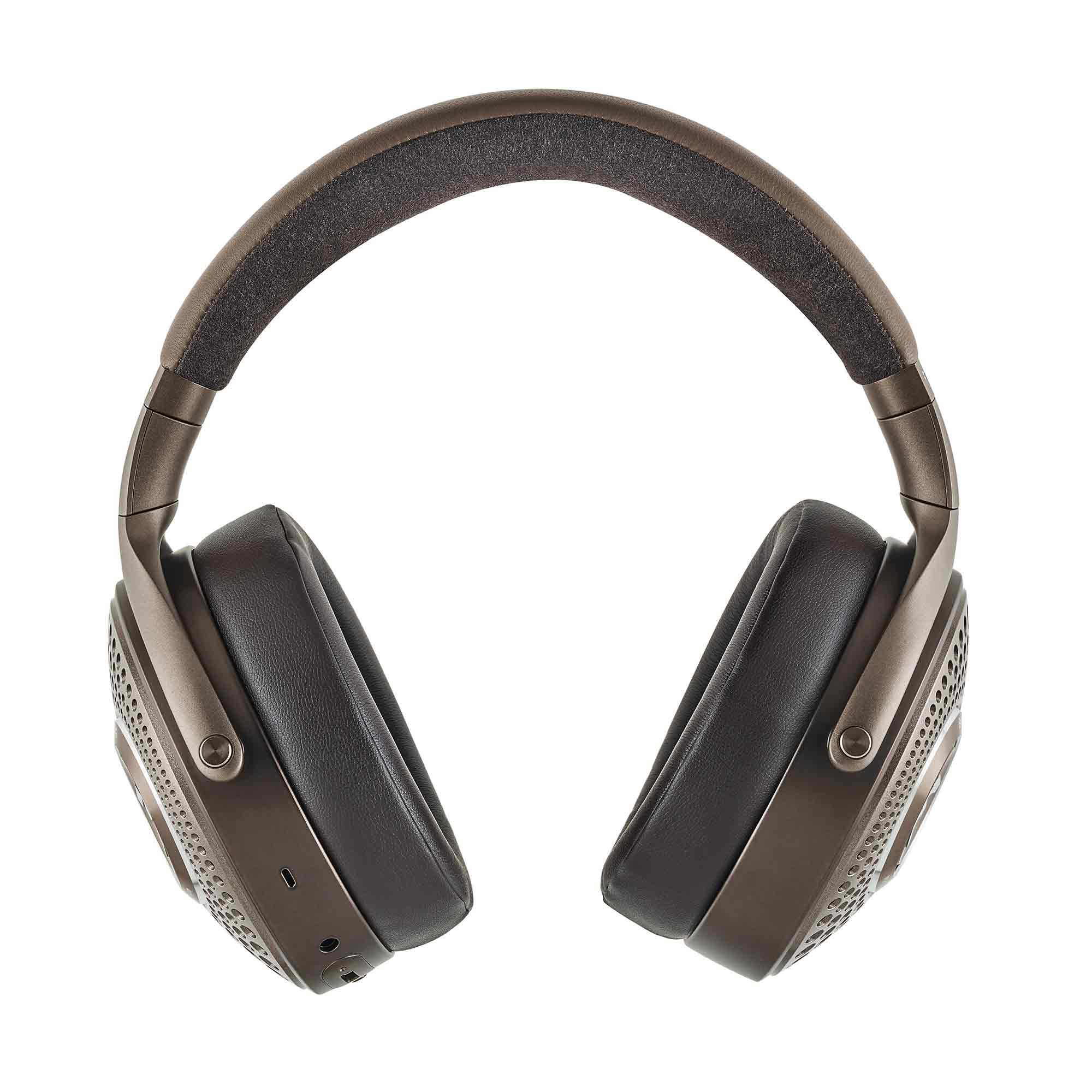 Focal Bathys MG Wireless Noise-Cancelling Headphones in brown with plush ear pads and perforated ear cups on white background