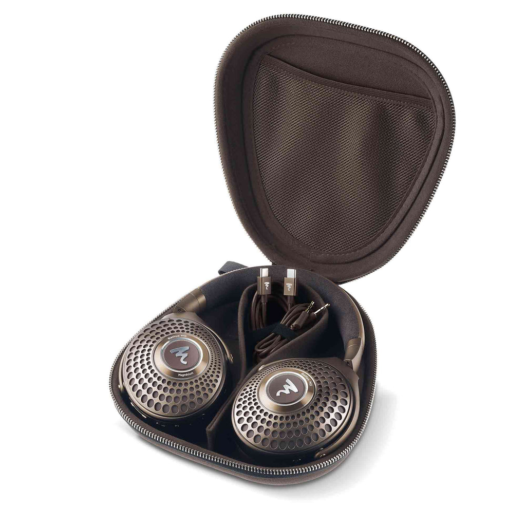 Focal Bathys MG Wireless Noise-Cancelling Headphones in open zippered carrying case with charging cable inside