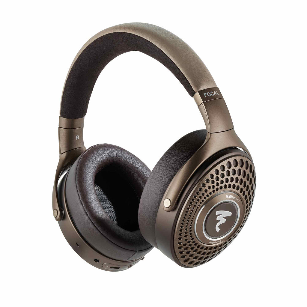 Focal Bathys MG Wireless Noise-Cancelling Headphones in bronze with padded ear cups and perforated outer ear cups design