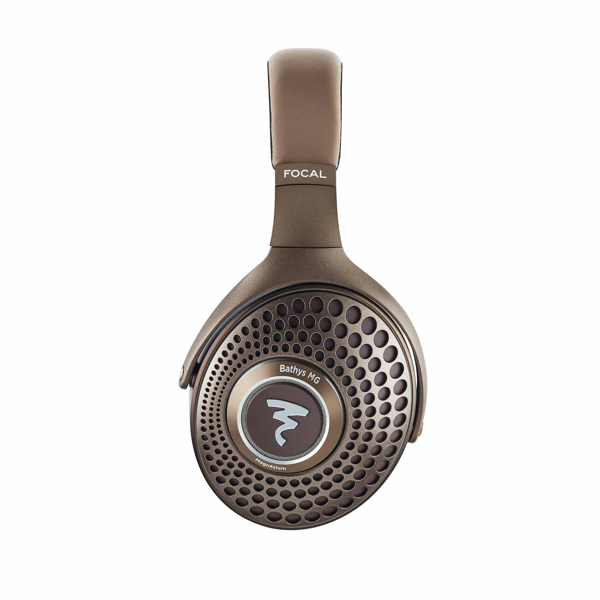 Focal Bathys MG Wireless Noise-Cancelling Headphones in brown showing ear cup design and headband on white background