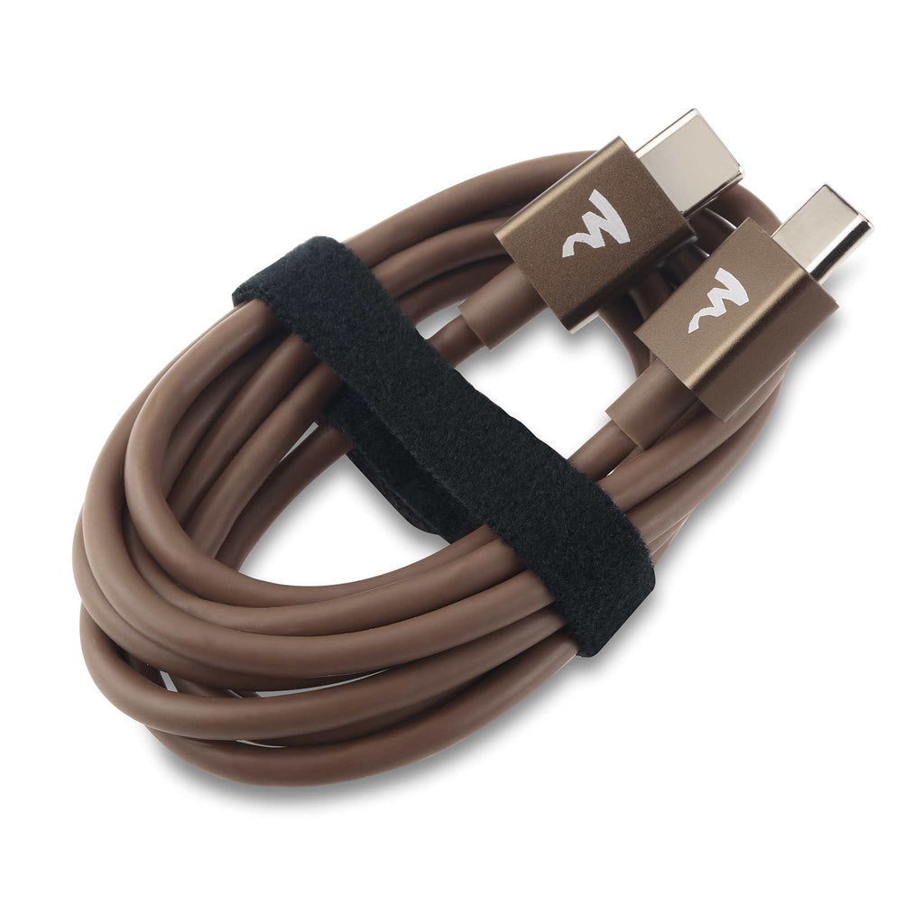 Brown USB-C charging cable with branded connectors and black Velcro strap for Focal Bathys MG Wireless Noise-Cancelling Headphones