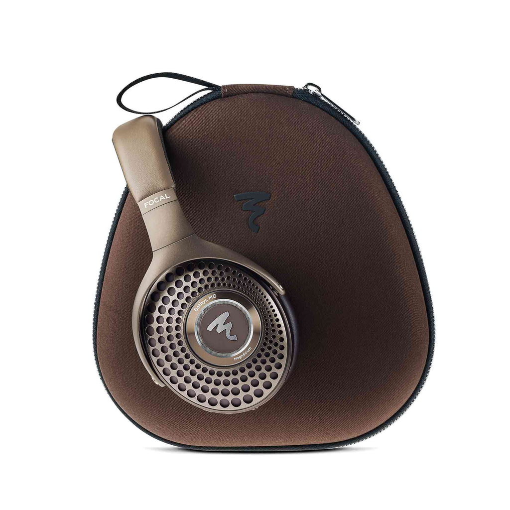 Focal Bathys MG Wireless Noise-Cancelling Headphones in brown resting on matching soft carrying case on white background