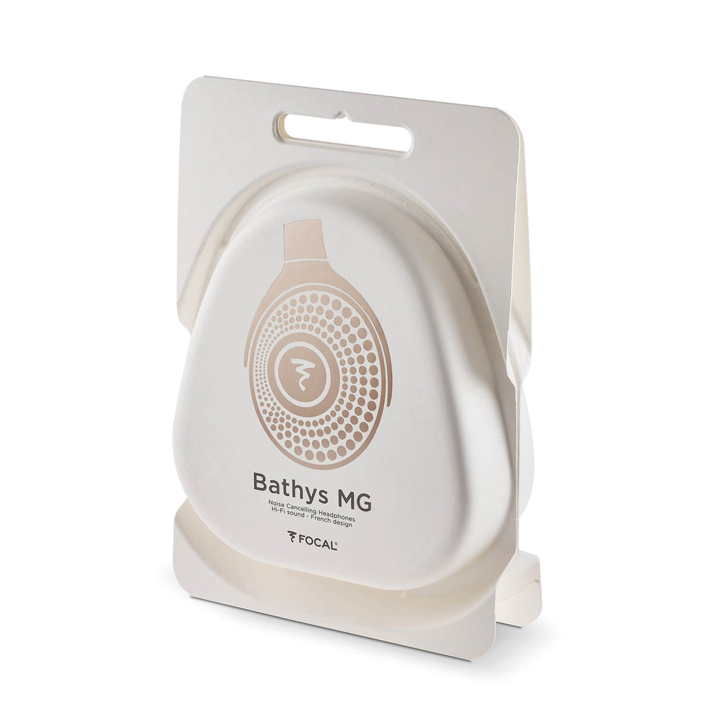 Focal Bathys MG Wireless Noise-Cancelling Headphones packaging with illustration of earcup and branding on white background