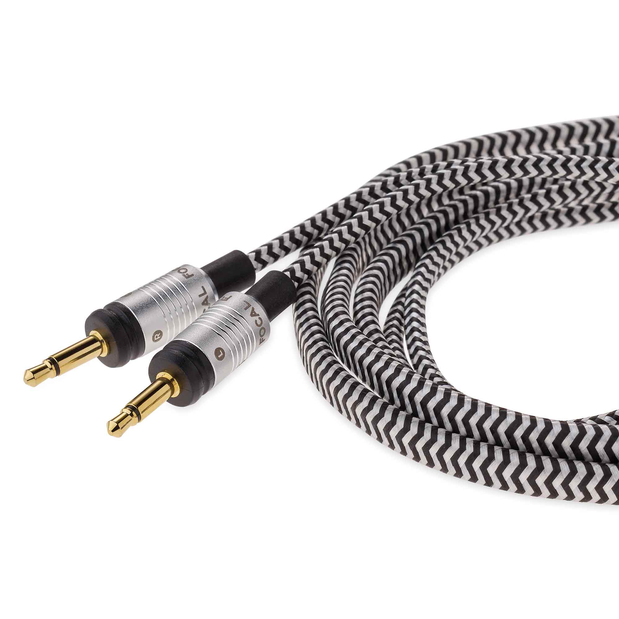 Focal Clear Balanced XLR Cable with braided black and white exterior and metal connectors on a white background