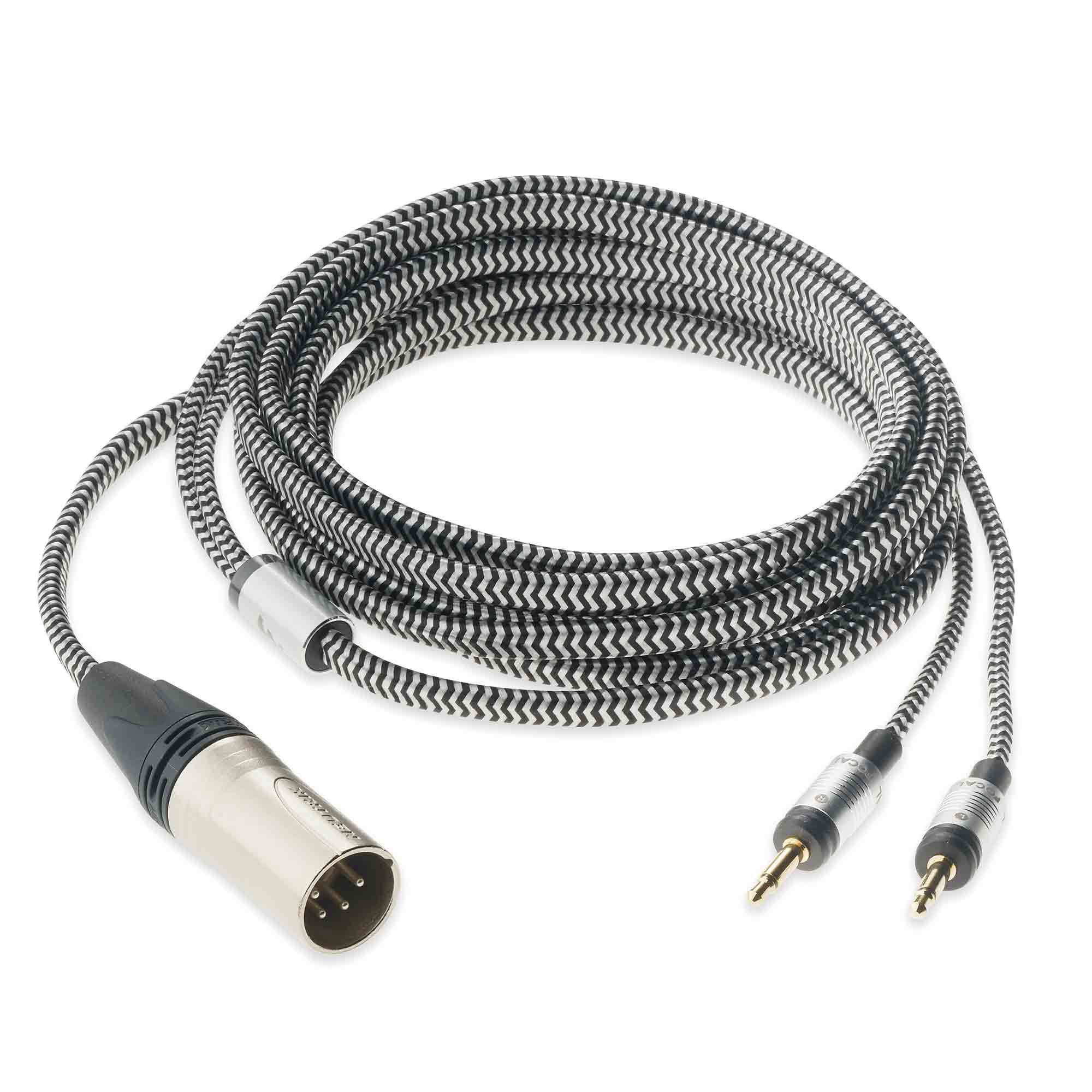 Focal Clear Balanced XLR Cable with woven black and white jacket and silver connectors on white background