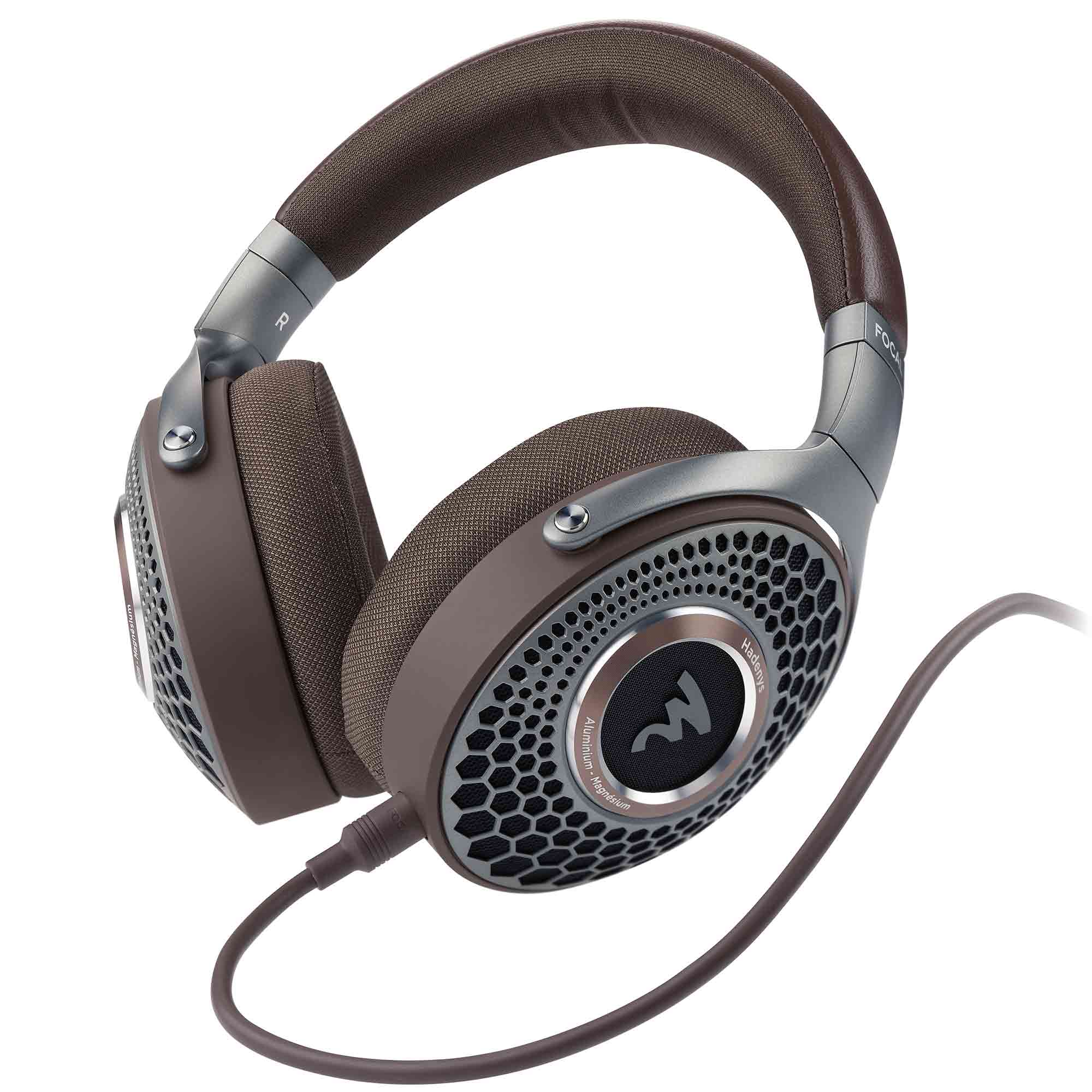 Focal Hadenys Open-Back Dynamic Headphones in brown with mesh grille and padded headband angled view on white background