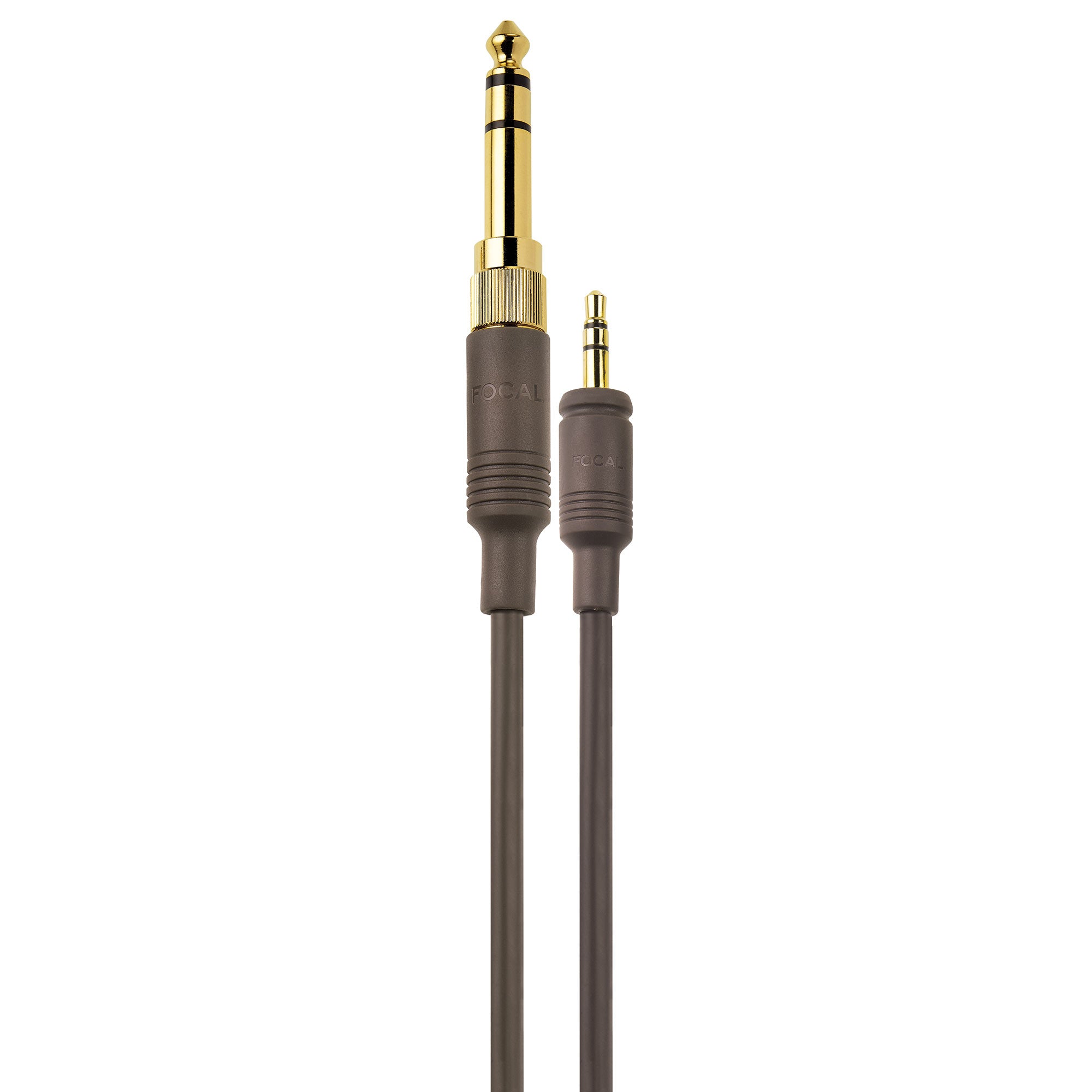 Close-up of gold-plated 6.35mm to 3.5mm audio cable for Focal Hadenys Open-Back Dynamic Headphones on white background