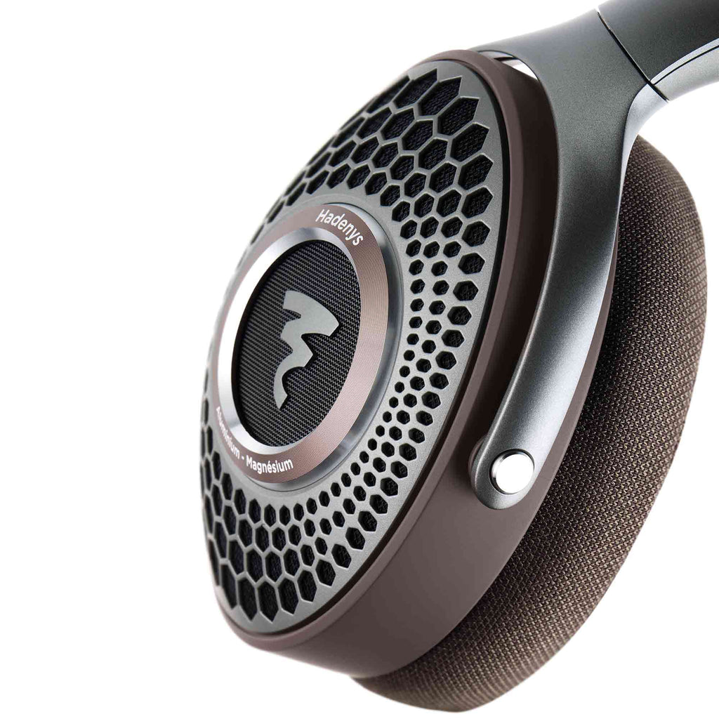 Close-up of Focal Hadenys Open-Back Dynamic Headphones highlighting the honeycomb grille and cushioned ear pad
