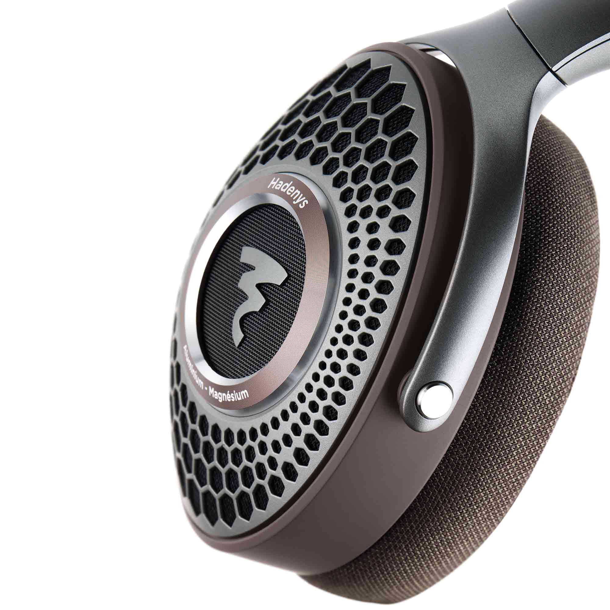 Close-up of Focal Hadenys Open-Back Dynamic Headphones highlighting the honeycomb grille and cushioned ear pad