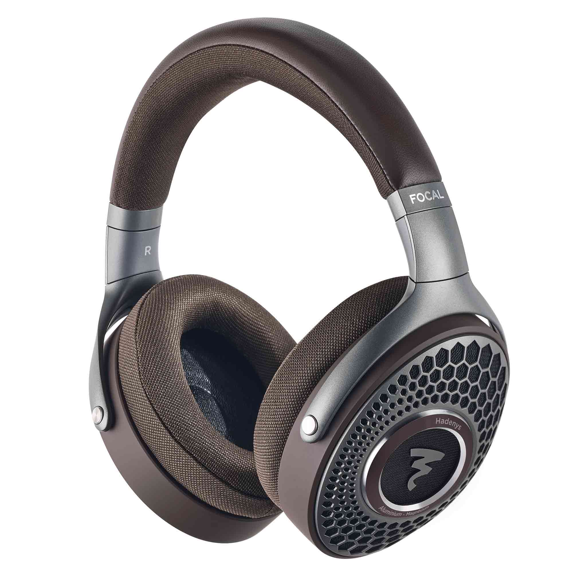 Focal Hadenys Open-Back Dynamic Headphones with brown ear cushions and honeycomb grille design on white background