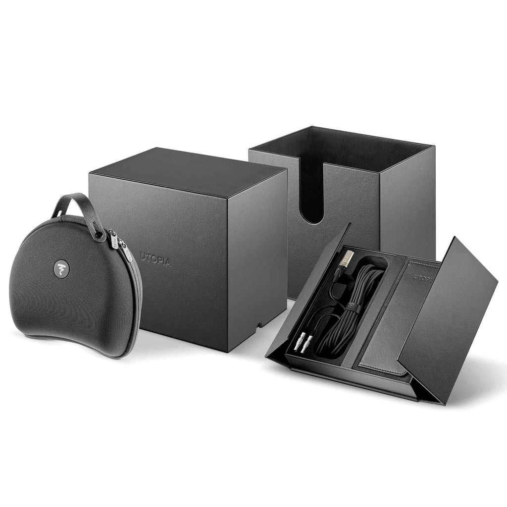 Focal Utopia 2022 packaging including black carrying case, outer box, and accessory box with cables on white background