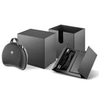 Focal Utopia 2022 packaging including black carrying case, outer box, and accessory box with cables on white background