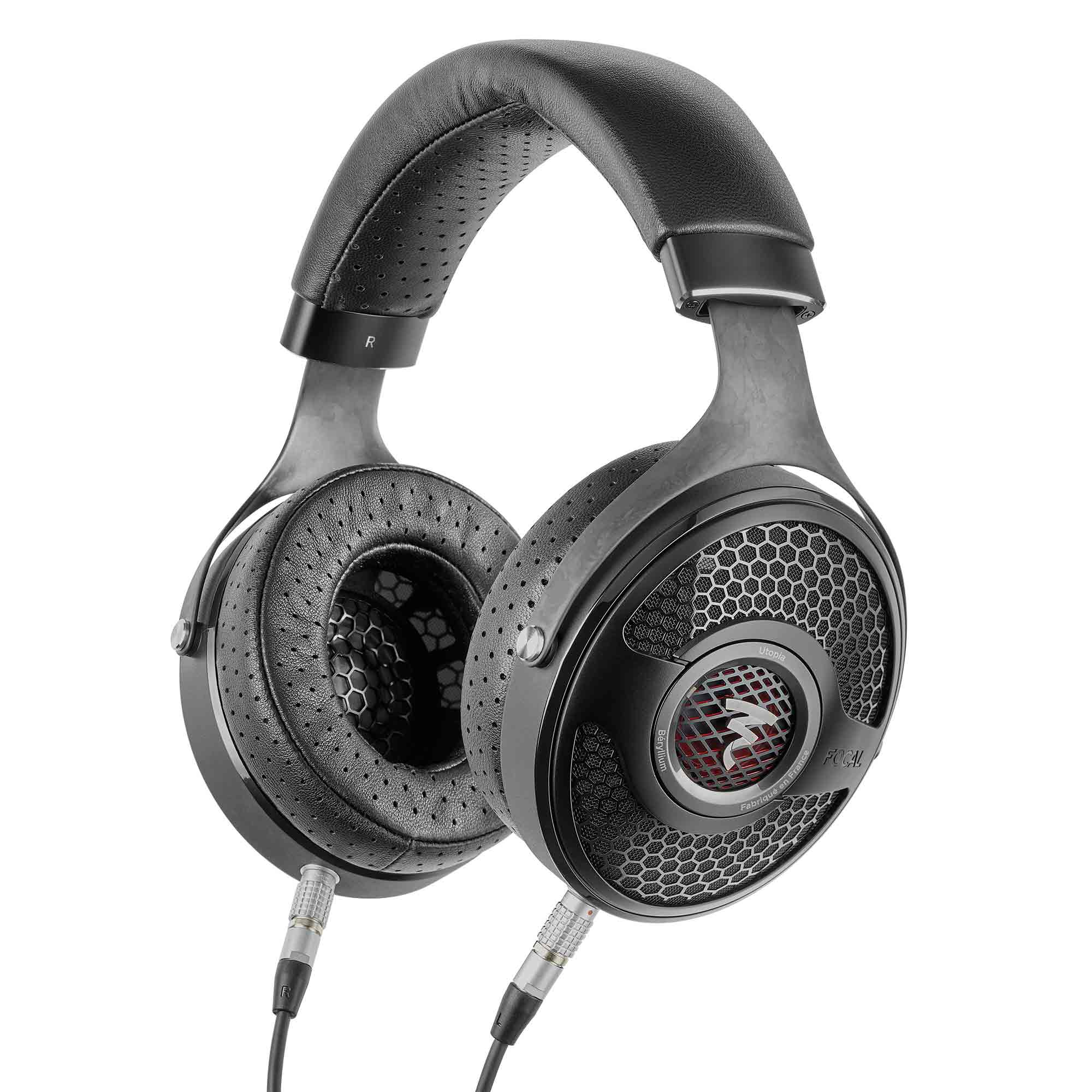Focal Utopia 2022 open-back headphones with perforated ear pads and detachable cables on white background