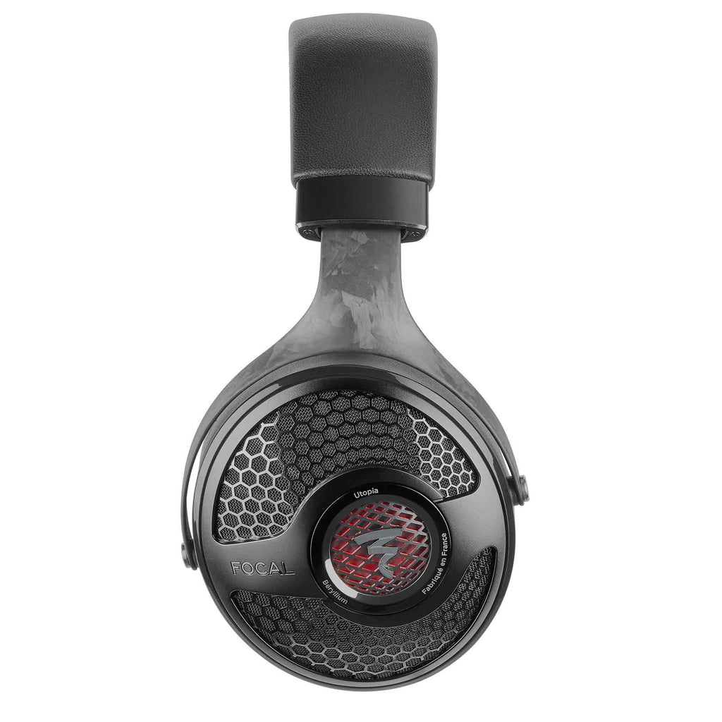 Close-up top view of the black Focal Utopia 2022 open-back headphone ear cup with red speaker detail