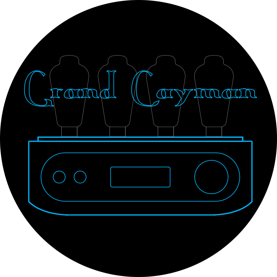 Minimalist blue line drawing of HeadAmp Grand Cayman DHT Electrostatic Amp (Pre-Order Deposit) with vacuum tubes on black background